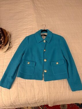 Zara Teal Bouclé Gold-Button Cropped Jacket